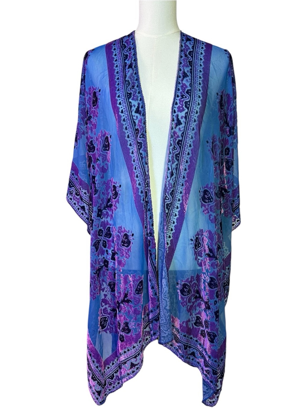 Free People Witchy Bohemian Muse Burn Out Velvet Devore Kimono Purple Blue OS - Picture 6 of 10